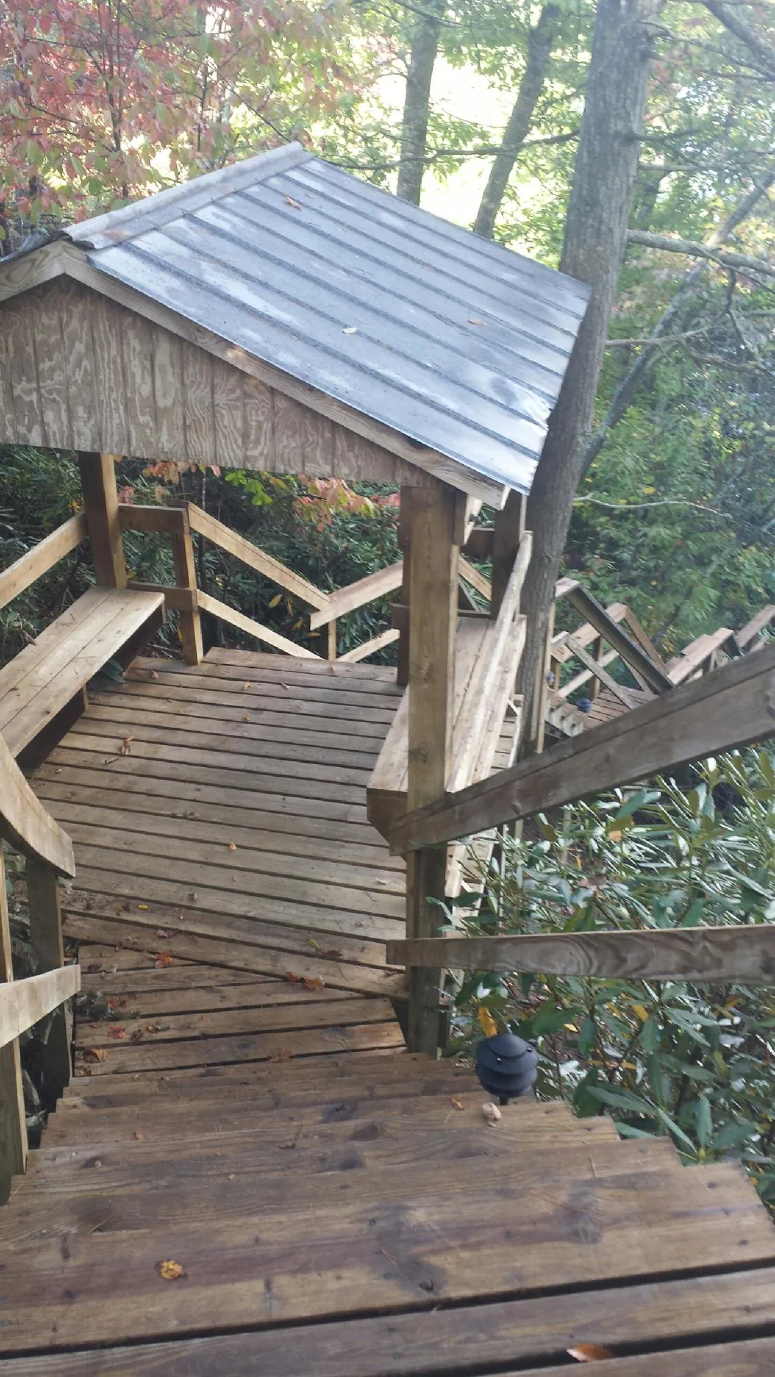 Metal roofed shelter over wooden steps on a wooded walkway — Skylight Repair & Installation work by our crew in Buck Creek